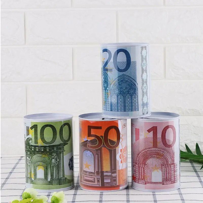 Creativo Dollaro Euro Cilindro Di Metallo Piggy Bank Saving Money Box Decorazione Della Casa