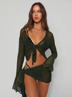 Robe de plage verte Sexy, ensemble deux pièces pour femmes, tenues transparentes, haut à manches longues et Mini jupe, ensembles assortis, automne 2025 4