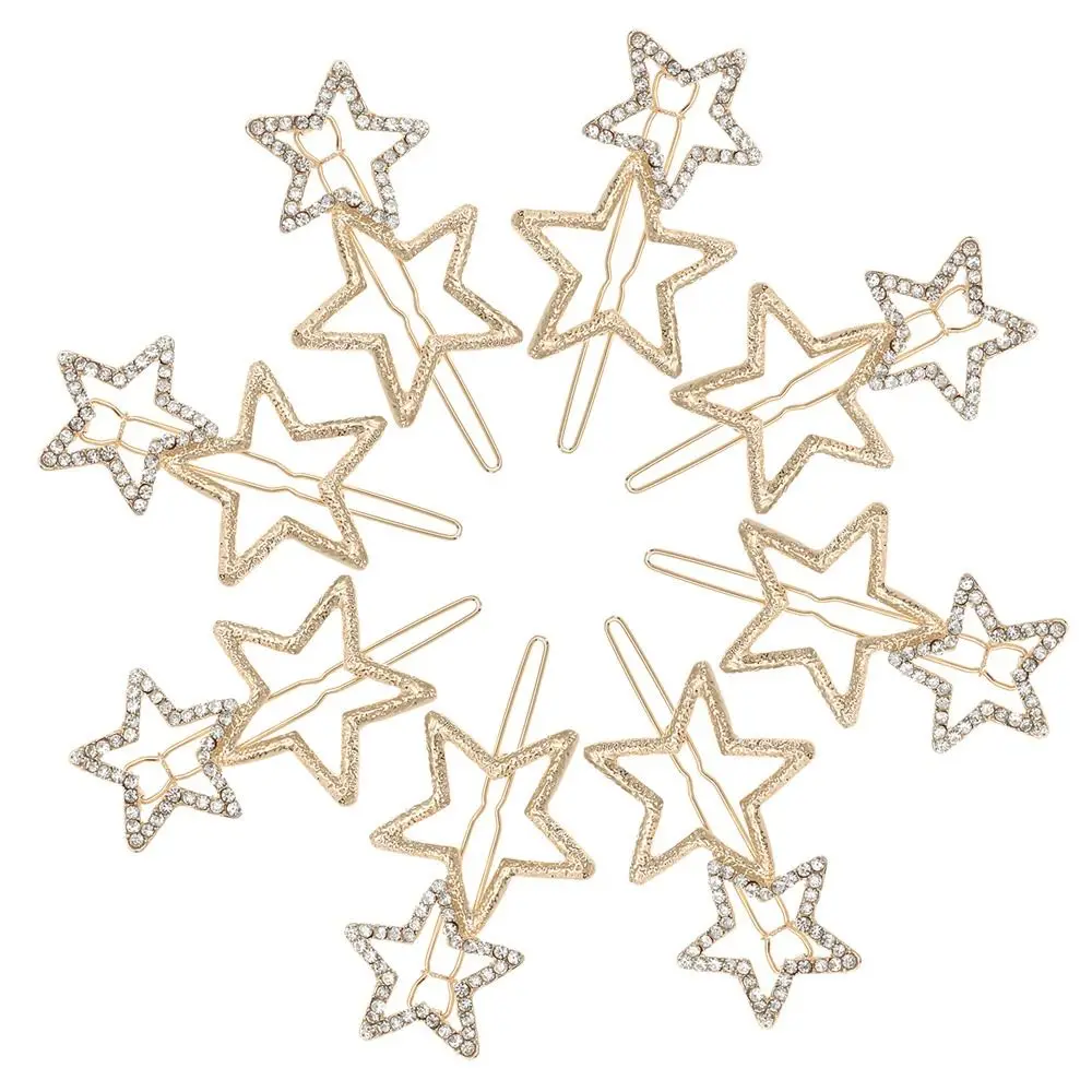 

12Pcs Silver Golden Pentagram Clip Star Clip Barrettes Star Hair Clips Pins Metal Hair Clips Rhinestone Hairpin