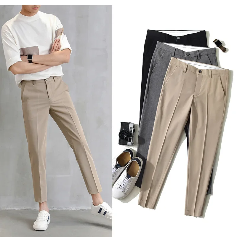 European Style Men's Cropped Pants Straight Legs Slimming Casual Korean Version Small Foot Pants Suit stretch pants,business pants,suit pants,men pants,thin trousers