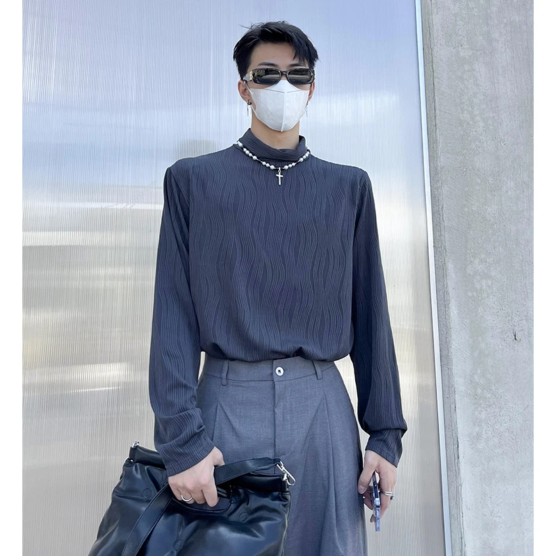 3d Pleated Texture Solid Black White Autumn Winter Turtleneck Soft Casual Long Sleeve Men Harajuku Fashion Oversized Base Tops