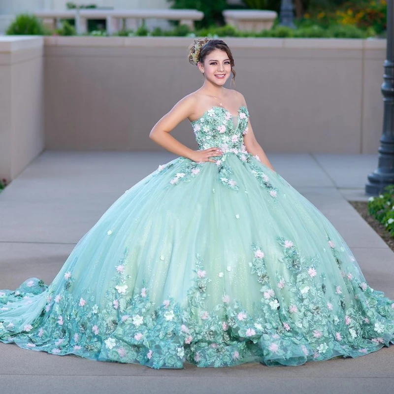 

Light Green Shiny Ball Gown Quinceanera Dresses Off The Shoulder Appliques Lace 3DFlower Beads Tull Vestido De 15 Anos Sweet 16