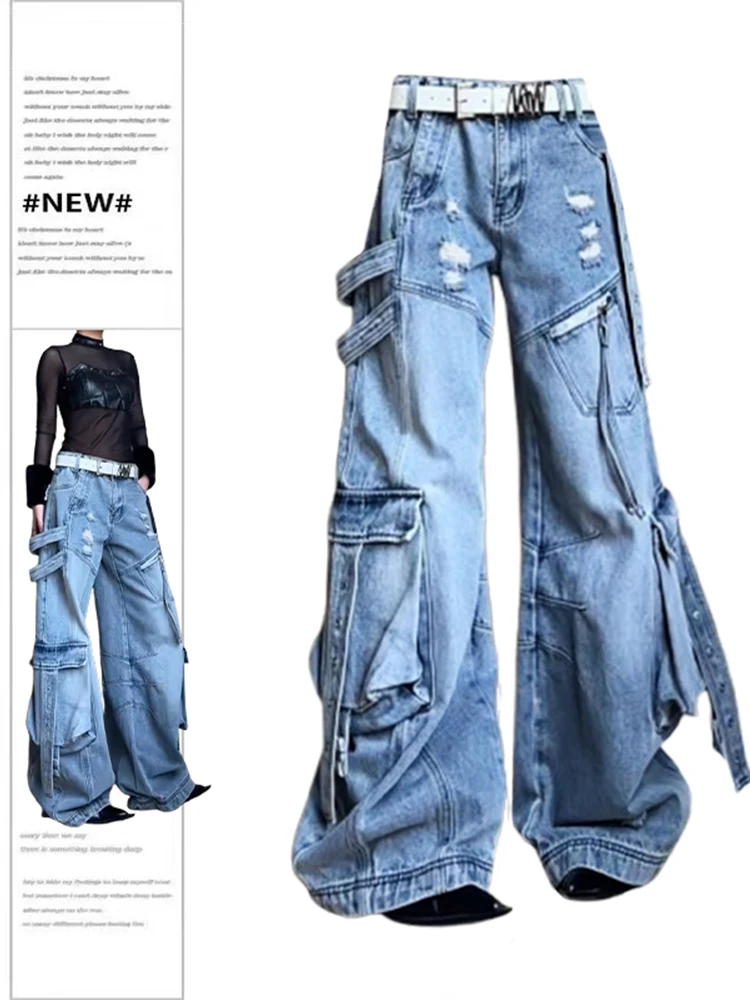 Women Blue Y2k Cargo Jeans Harajuku Oversize Ripped Denim Trousers