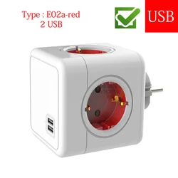 Massfa Multi USB Power Strip Cube with 4 Outlets - High-Power Extension Socket - EU Plug (E02a-red-USB)