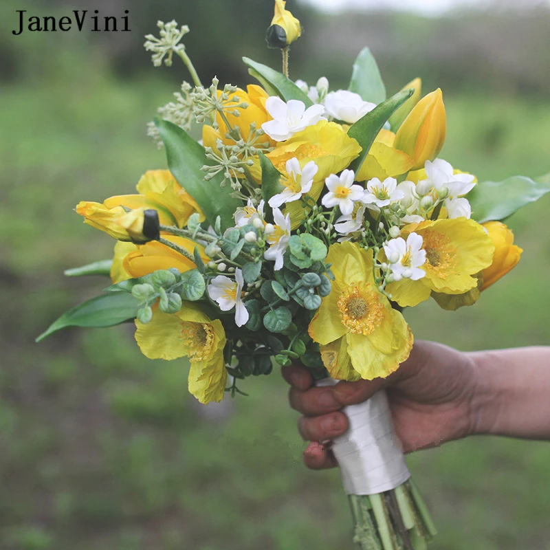JaneVini Yellow Wedding Bouquet for Bride Artificial Silk Flowers Spring Garden Bridesmaid Bridal Flowers Family Room Decoration