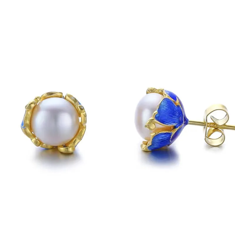 

The New Fashion Hot Sale With Blue Enamel Flowers And Pearls Sterling Silver Earrings