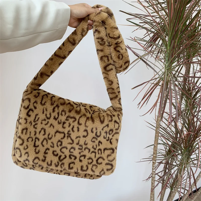 Leopard Print Shoulder Women Bag Winter 2023 Soft Faux Fur Ladies Hand Bags Casual Fluffy Crossbody Messenger Bag Bolsa Feminina