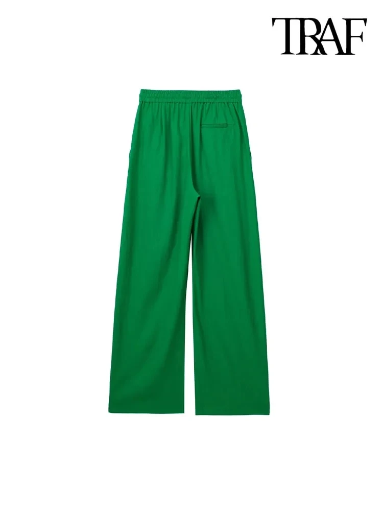 TRAF-Wide Leg Pants for Women, Side Pockets, High Elastic Waist, Drawstring, Female Trousers, Fashion
