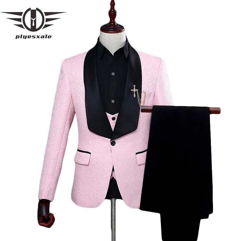 

Plyesxale Red White Pink Suit Men 2023 Slim Fit Shawl Collar Men Suits For Wedding Fashion Jacquard 3 Piece Prom Suits Q134
