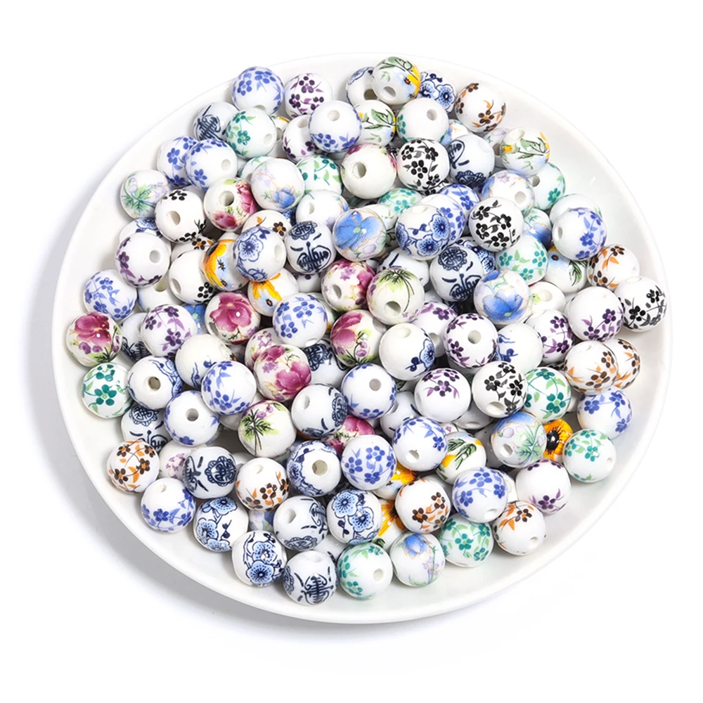 Set of 50 Round Floral Ceramic Porcelain Beads