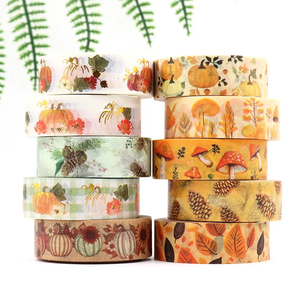 

10pcs/lot 15mm*10m Autumn Mushroom Leaves Pinecone Pumpkin Masking Adhesive Washi Tape organizer supplies masking tape sticker