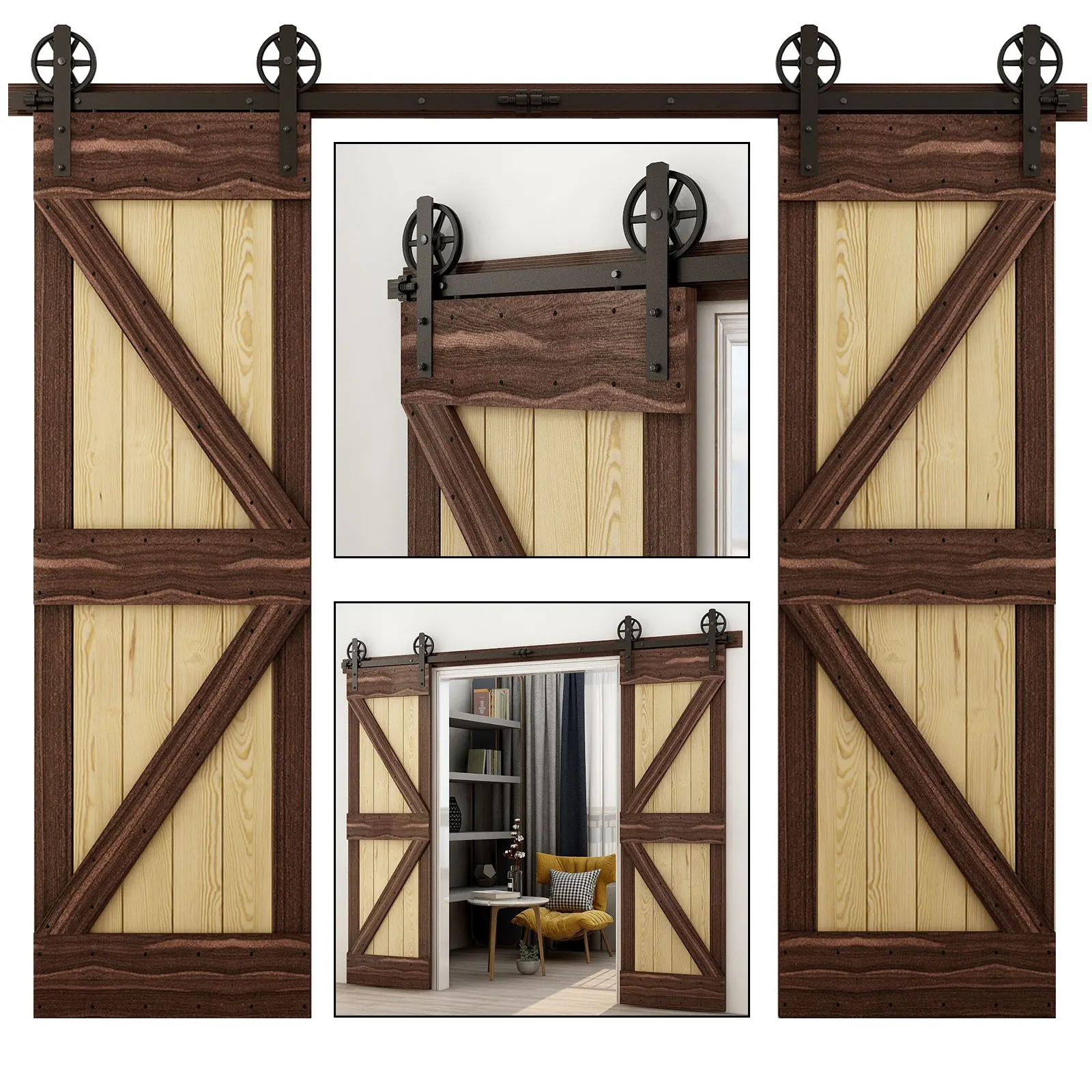 

Sliding Barn Door Hardware Kit Heavy Duty Smoothly and Quietly Easy to Install Fit Double Door Panel Big Wheel II Rollers Black