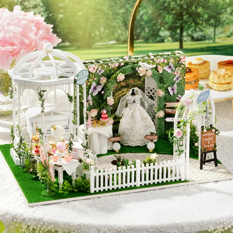 

New Wooden Doll House DIY Miniature Building Kits Wedding Day Dollhouse With Furniture Light Dolls Toys For Girls Birthday Gifts