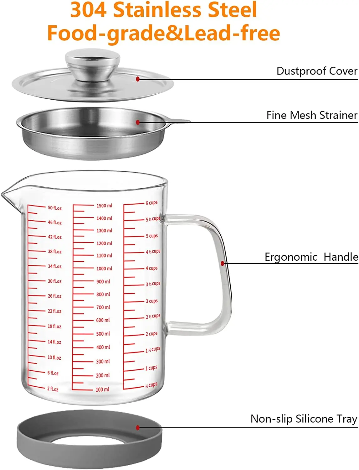 Tassety Vaso filtro olio in vetro trasparente con scala separatore di olio da cucina contenitore grasso bacon casa con filtro a rete fine A