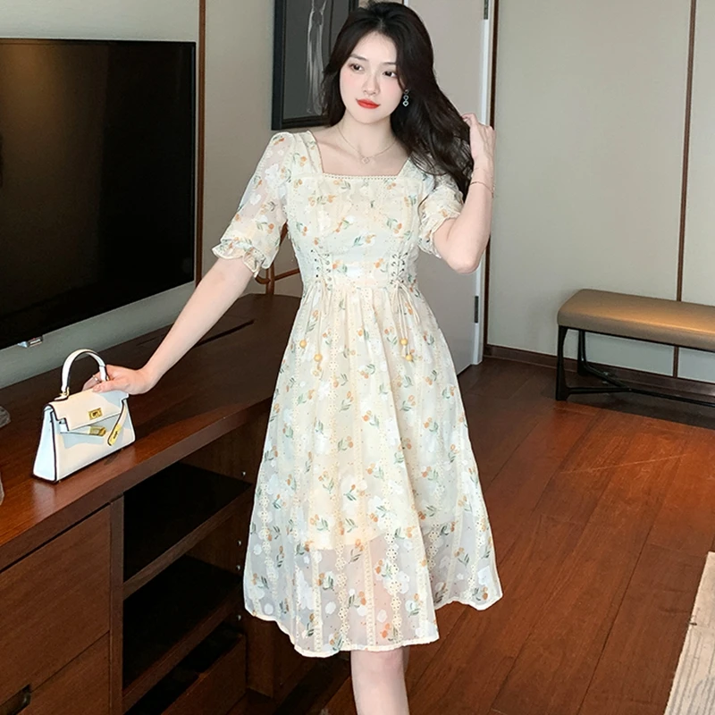 

2023 Summer New Women's Dress Floral Slim Square Collar Authentic Free Shipping
