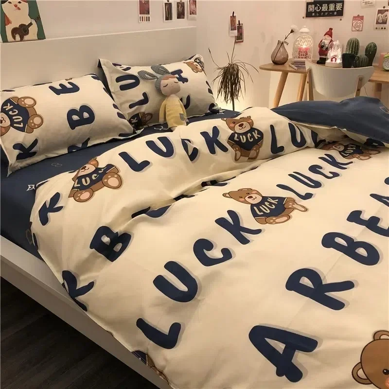 

Boys Girls Bear Bedding Set Fashion Adult Children Bed Linen Duvet Quilt Cover Pillowcase Cute Cartoon Bear Polyester Flat Sheet