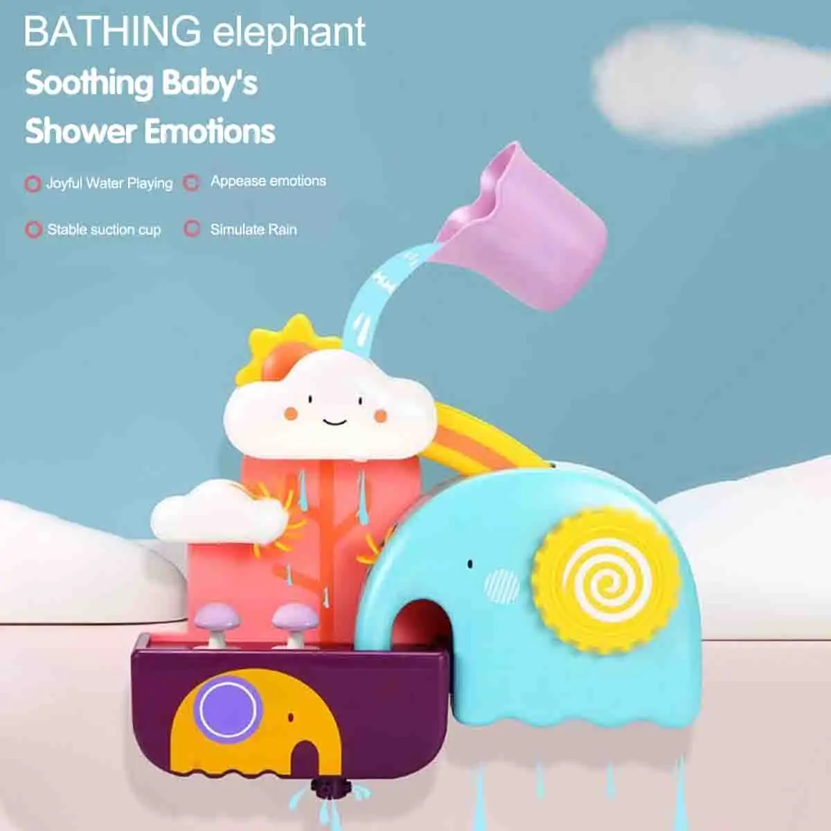 

Bath Play Toy: Elephant in Bathtub with Suction Cup, Water Dripping, Rotating Small Cloud Toy