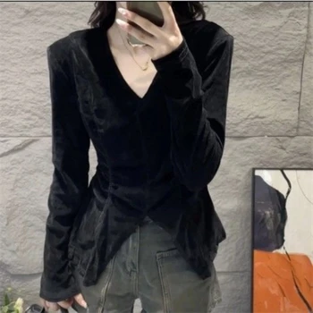 Nuova manica lunga con orlo a fessura irregolare vintage top donna abbigliamento primavera autunno solido tutto-fiammifero elegante magliette moda casual 1