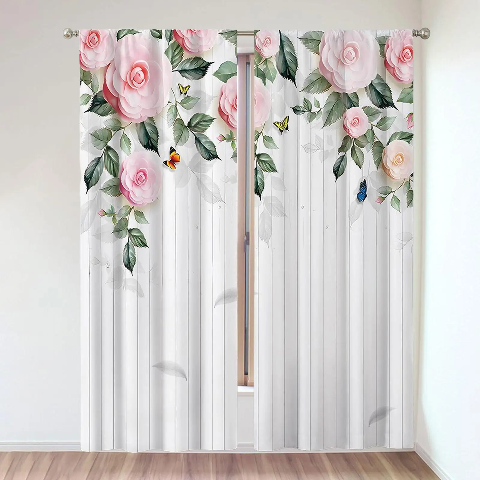 Rose Floral Digital Printing Sheer Curtain with Grommets Machine Washable