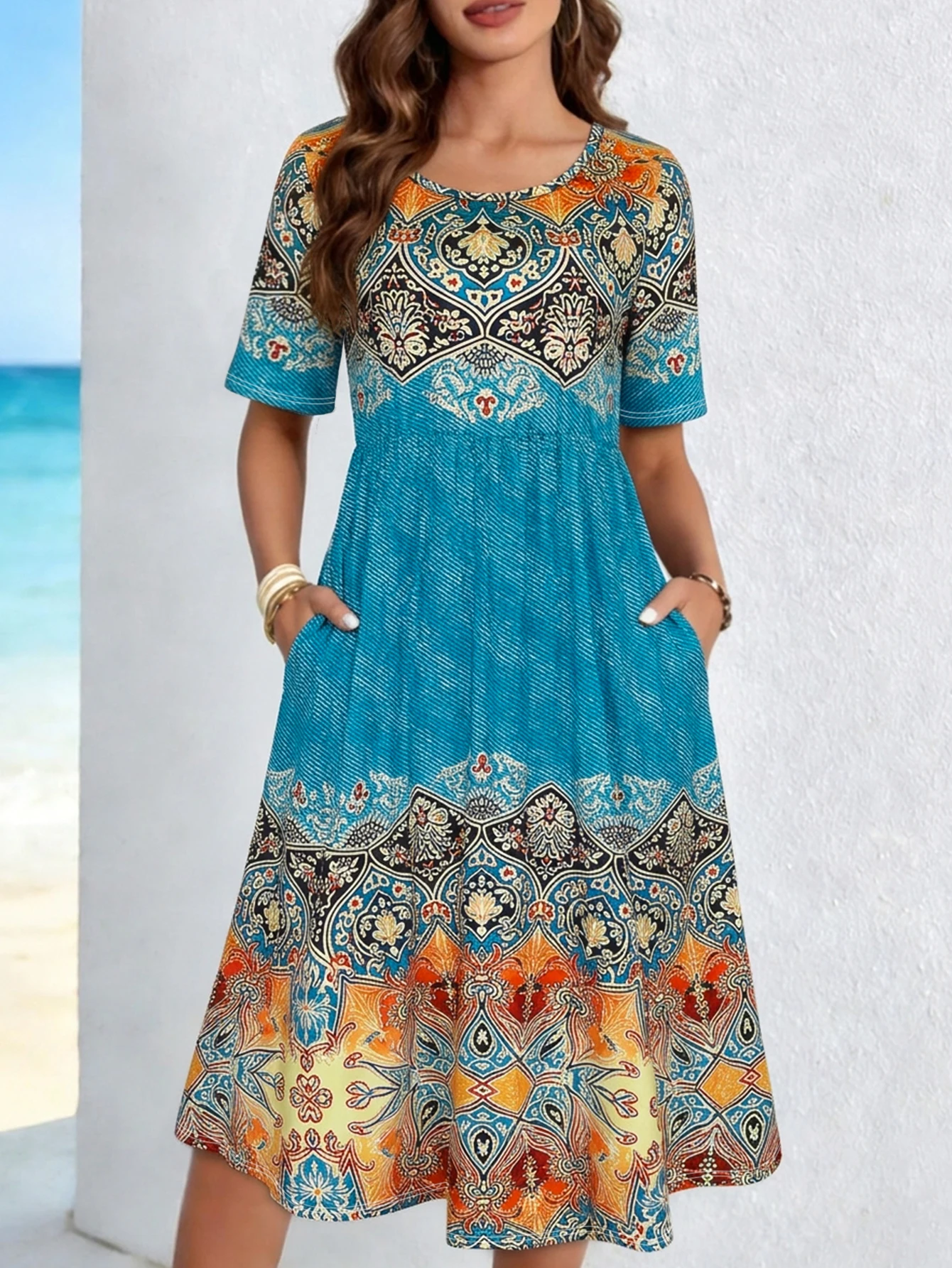 Women's Boho Tribal Print Midi Dress