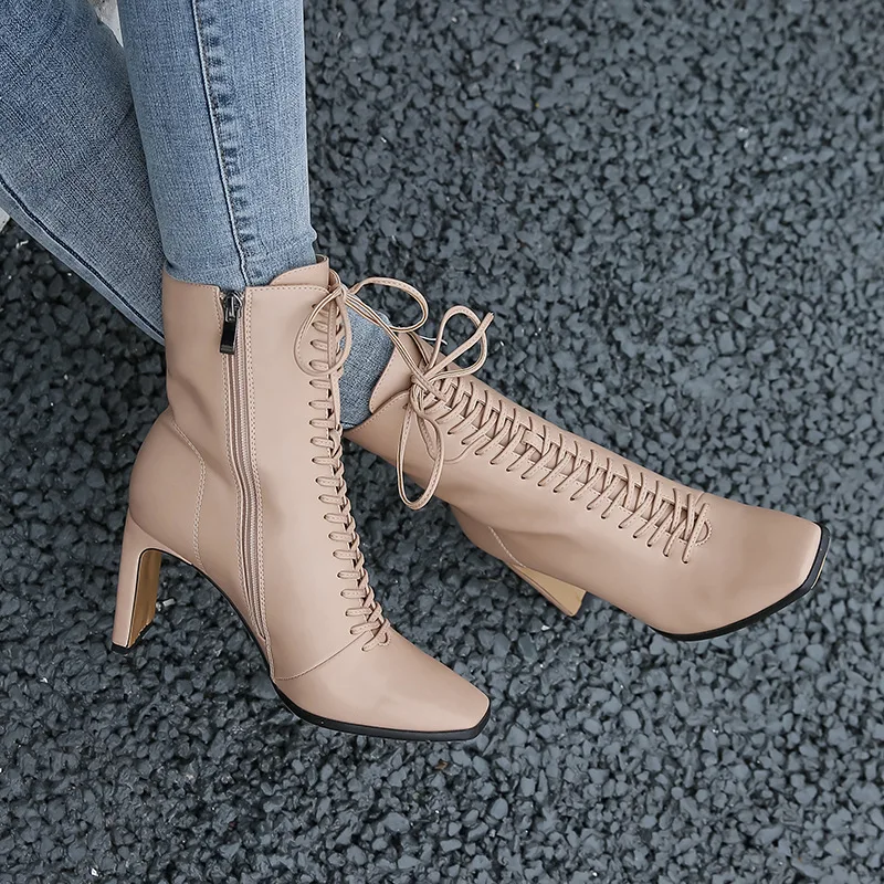 

Summer Rough Heel Front Head Lace -Up High -Heeled Zipper Fashion Boots Large Size Fashion High -Heeled Women&#39s Boots
