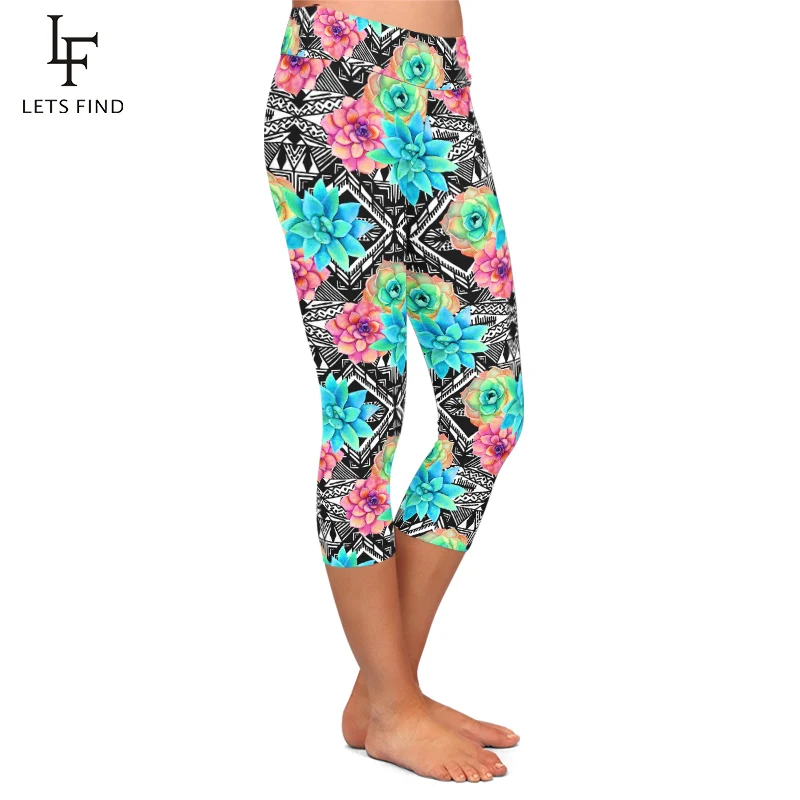 LETSFIND New Ssucculent Plants Flowers and Aztec Print Women Capri Leggings High Waist Fitness Soft Comfortable Pants