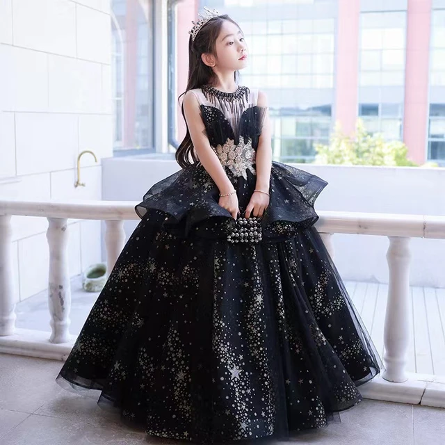Black Lace Flower Girl Dresses Sequin Applique Children Wedding Party Long  Gowns Kids Clothes Princess First