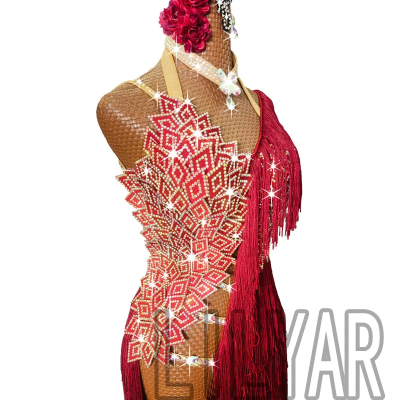 New Latin Dance Performance Competition Performance Clothing Burgundy  Tassel Sparkling Diamond Long Slim High-End Dance Skirt - AliExpress  200000532