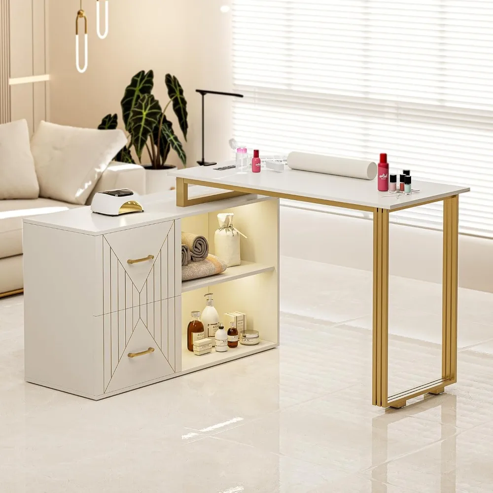 Description Picture 3 of itemManicure Table for Nail Tech with Wrist Cushion, Corner Nail Desk with 2 Drawers and 2 Shelves, Beauty Salon Nail Supplies Decor