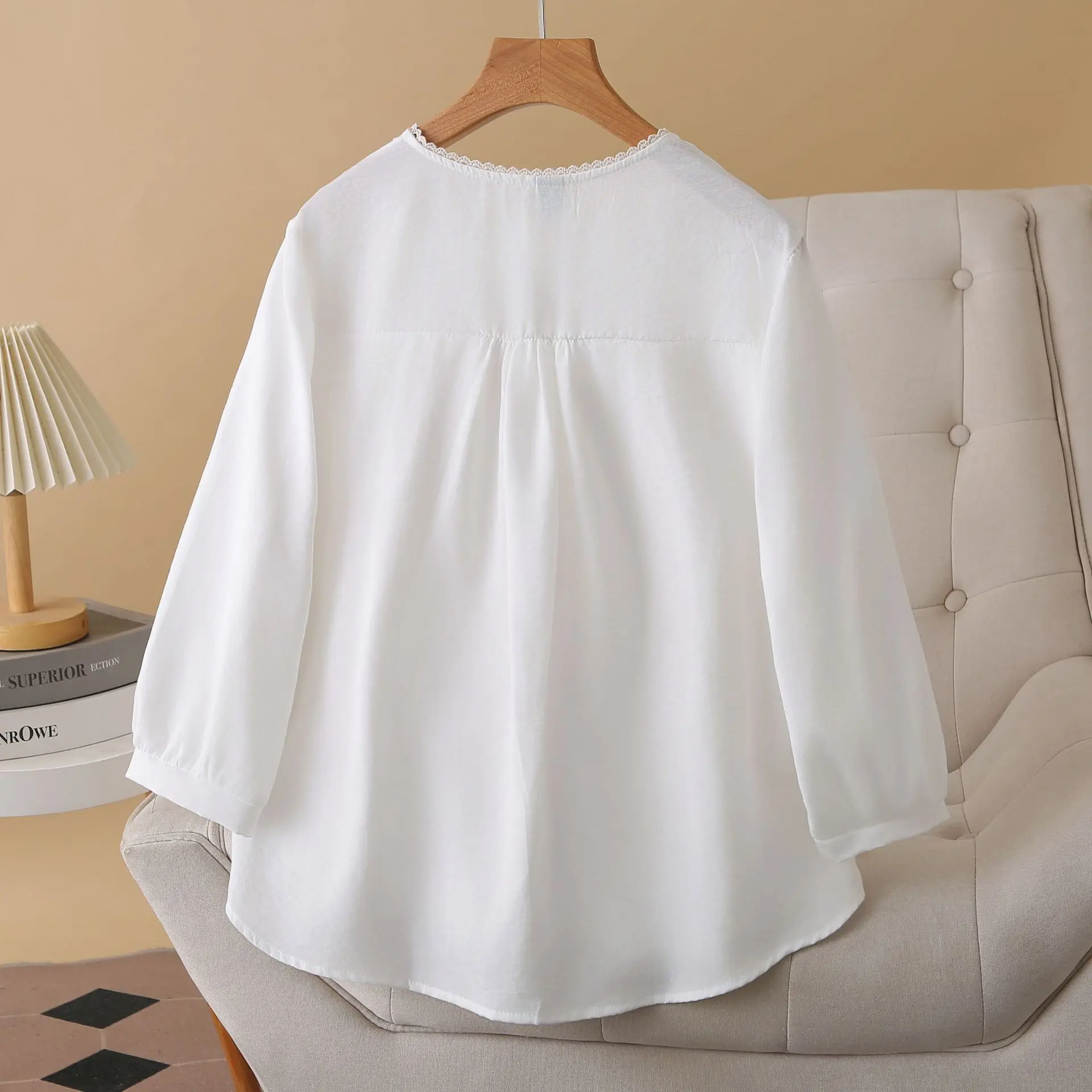 Plus Size Women's Bouses 2025 Autumn New Style Casual Lace O-Neck Three Quarter Sleeve Shirt 954