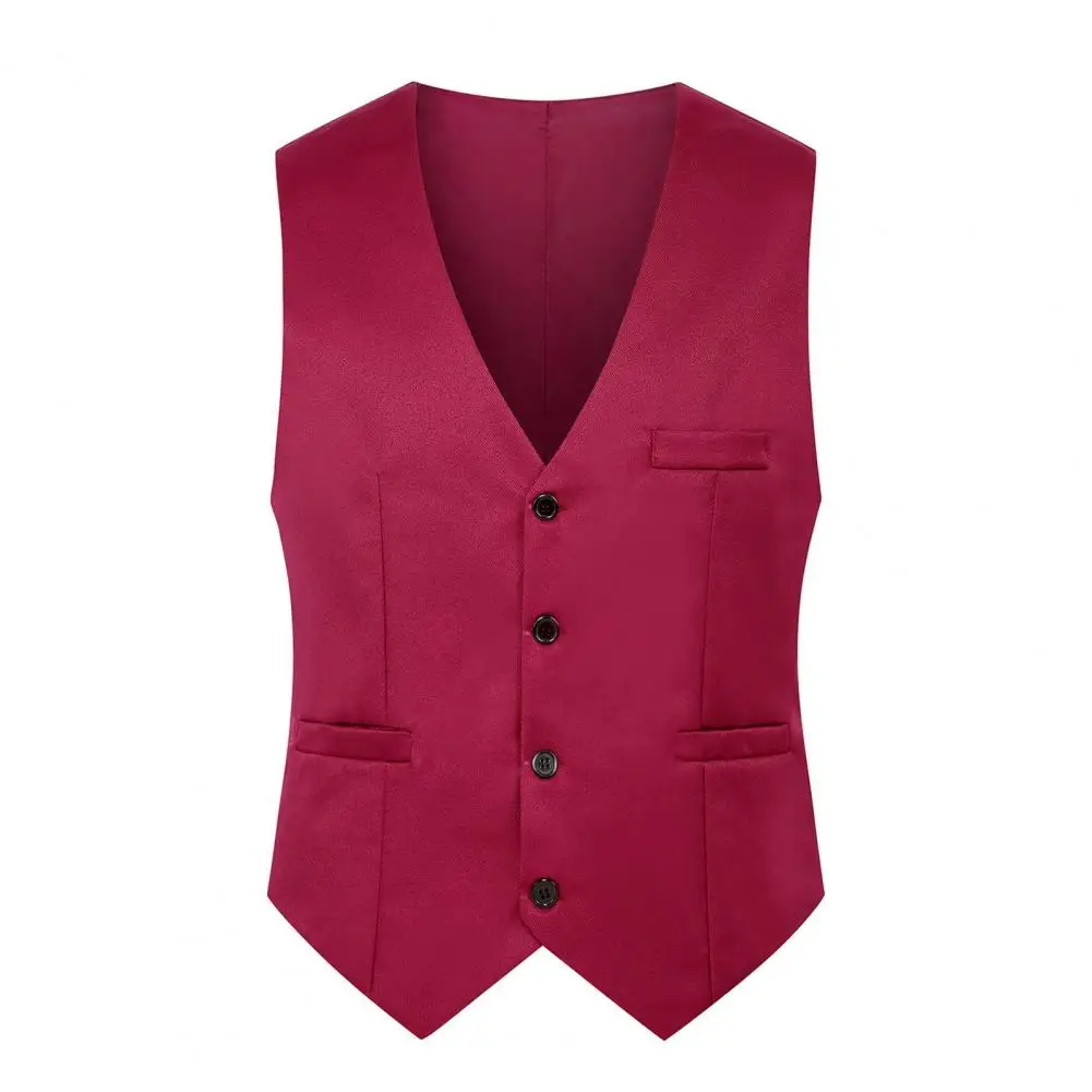 Formal Vest Sleeveless Pockets Single-Breasted Male Suit Vest Casual Party Bar Banquet Dress Waistcoat Solid Color Suit Vest 2