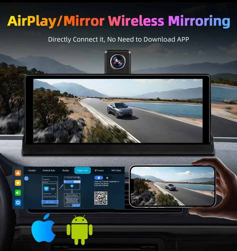 Srnubi 10,26 Zoll 4K Auto DVR Carplay Android Auto 360 ° Rotation Dual Lens Dashcam LKW Kamera Fahrrekorder WIFI FM BT – Detail 9