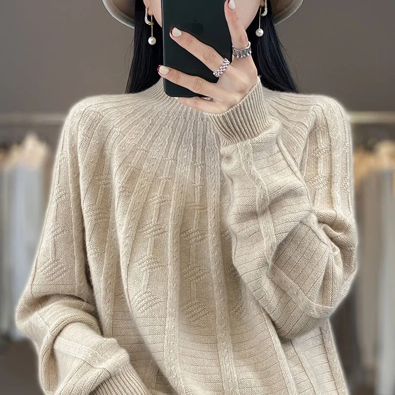 

Cashmere sweater pullover for women's new solid color knitted loose half high collar women's wool home style autumn and winter
