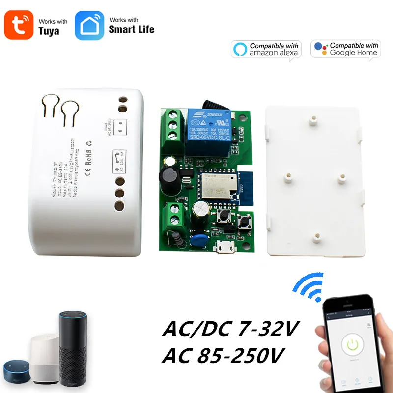 

Tuya wifi Switch One Way Module 10A Rele Relay Controller DC/AC 7-32V 12V 24V 220V 110V Smart Life Jog Self-locking Relay Module