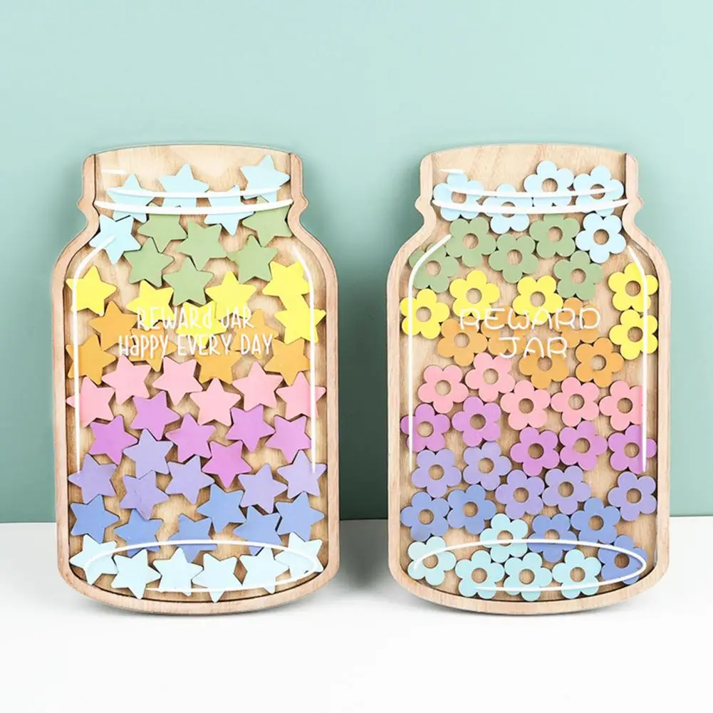 Wooden Reward Jar with 25 Colorful Stars Flowers Kids Students Potty Training Positive Behavior Chart System Home Classroom Mana