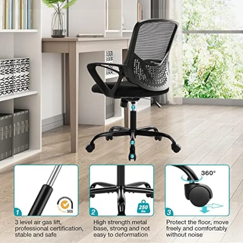 JHK Ergonomic Office Home Desk Mesh Fixed Armrest, Executive Computer Chair  with Soft Foam Seat Cushion and Lumbar Support, Black 