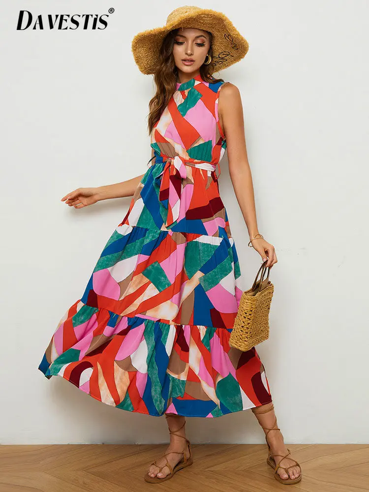 

Hawaiian Style Geometric Print Dress Women's 2023 Summer Loose Slim Sleeveless Long Dress Women's Casual Fashion Beachwear