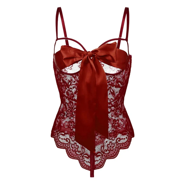 Combinaison femme sexy lingerie rouge satin nœud une pièce nœud vêtements  de nui