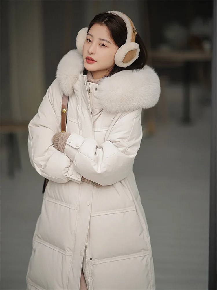 

Down Coat Women Mid Long Parkas Jacket 2023 Winter New Fashion Thick Warmth Fur Hooded White Duck Down Coat