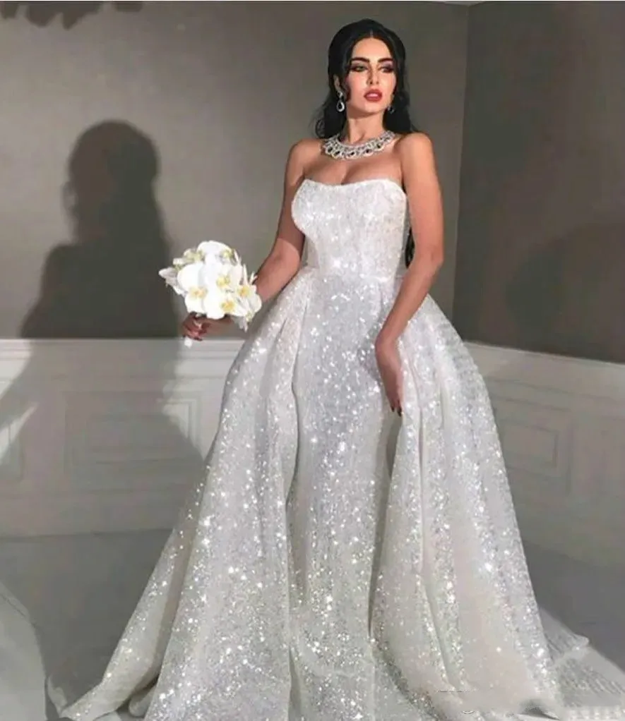 

Glitter Arabic Mermaid Wedding Dresses For Women With Detachable Train Strapless Sequins Plus Size Country Bridal Gowns Vestidos