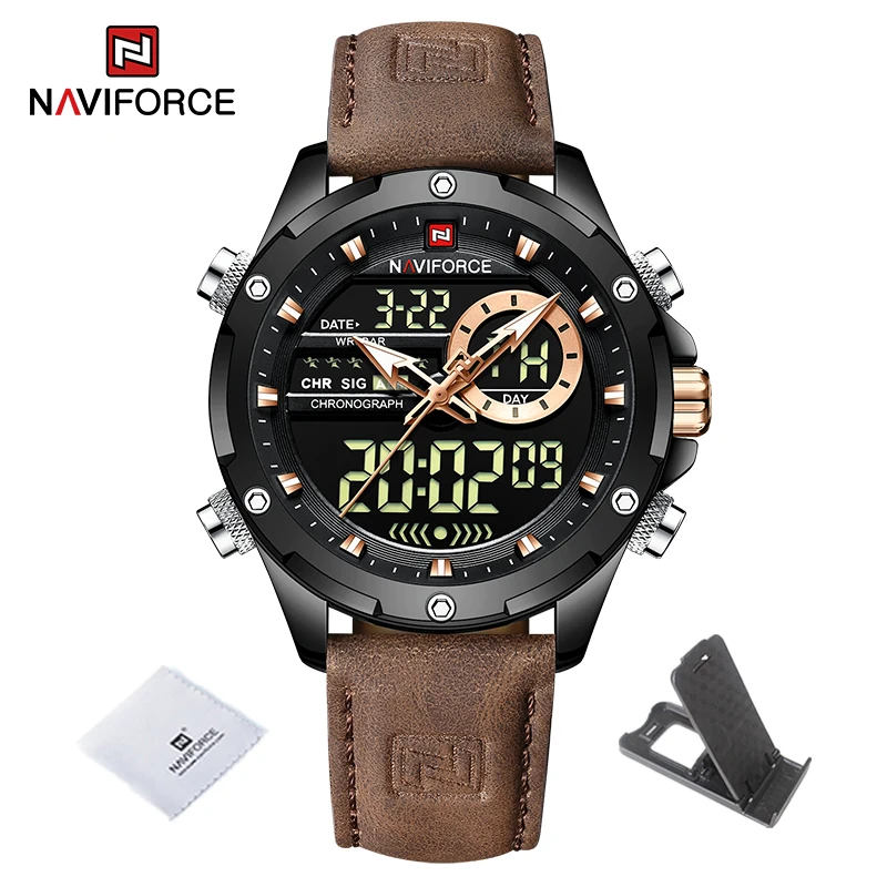 NAVIFORCE Fashion Business Dual Display Men Watches Green Genuine Leather Quartz Luminous Chronograph Waterproof Male Wristwatch 