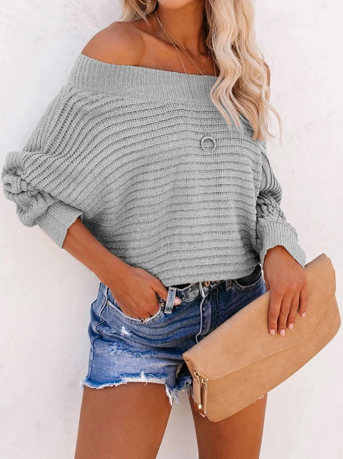 

Female Clothing Tshirts Pullover Tops Sexy Pit Striped Bat Sleeve Off Shoulder Knit 2023 Autumn Winter Spring New Fashion Casual