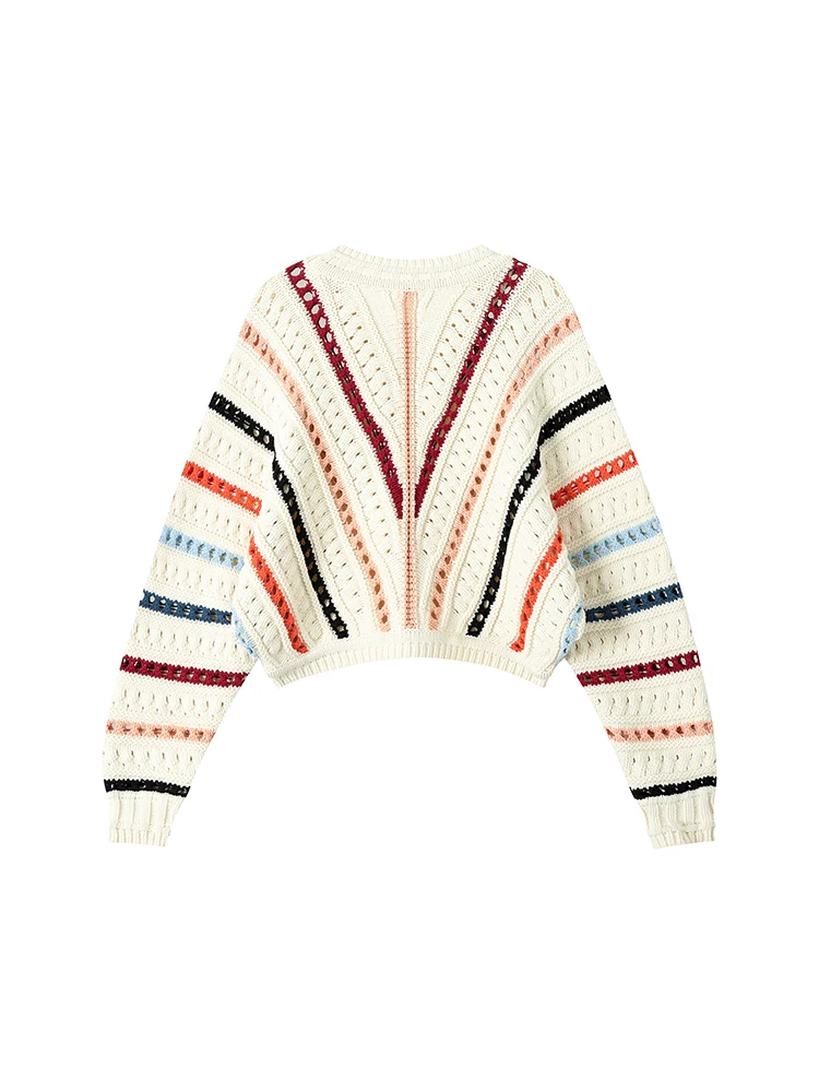 

2023 Women New Spring O-neck Vintage Crop Striped Knitwear Loose Long Sleeve Design Knitted Pullover Sweater Streetwear Fashion