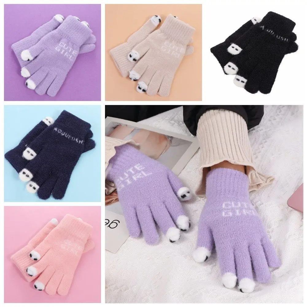 

Touch Screen Plush Knitted Gloves Soft Windproof Panda Fluffy Mittens Wool Letter Cute Velvet Gloves Winter