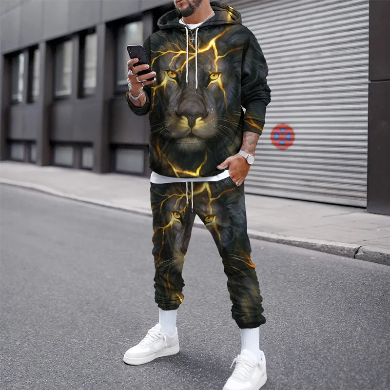 

Newest Men Clothing Sports Suits Lion Anime Hoodies Pants 3D Tiger Print Pullover Sweatshirt Trendy Leisure Man Tracksuit Sets