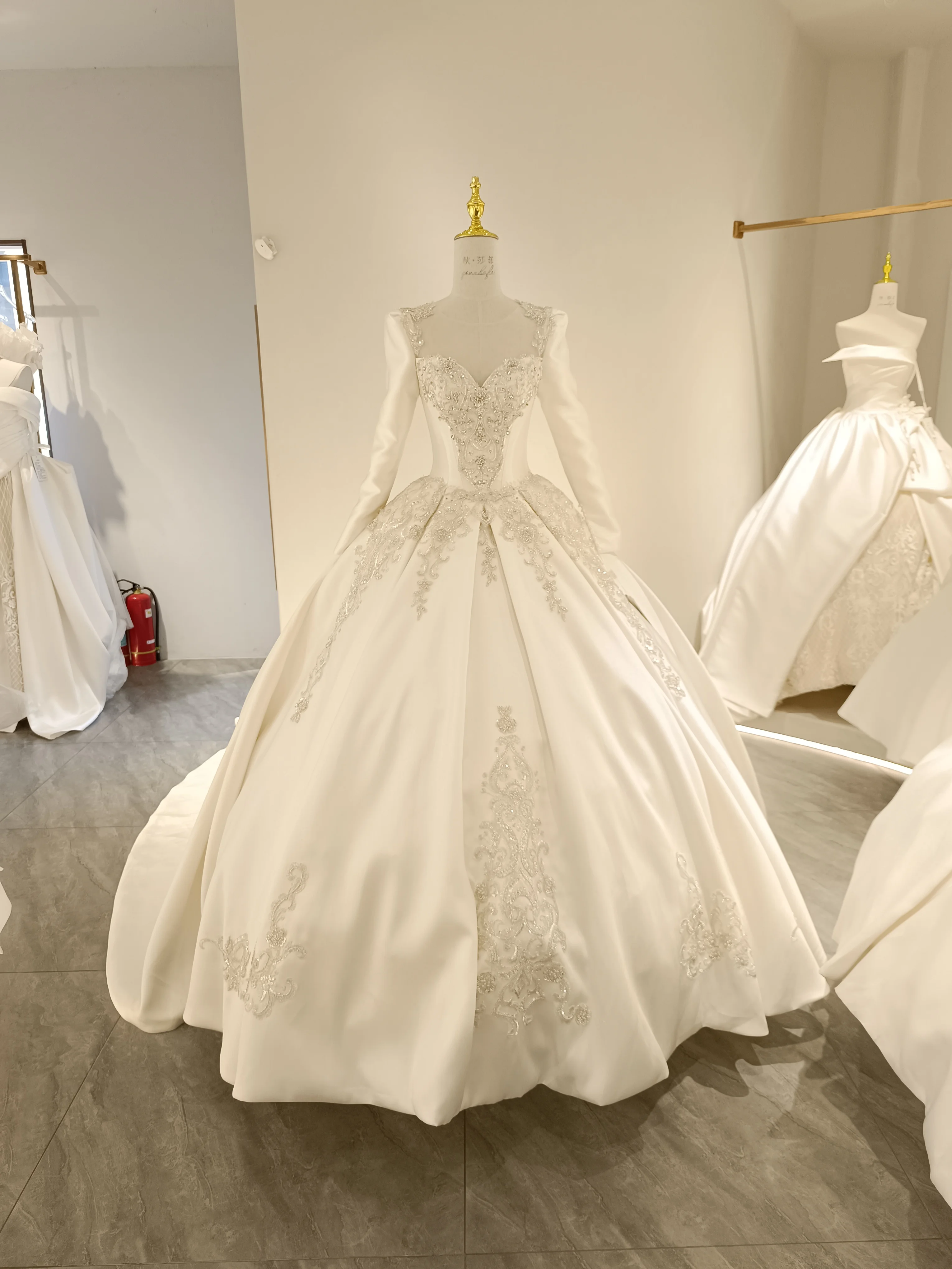 A Line Long Sleeve Embroidery Beads Keyhole Lace-Up Wedding Dress