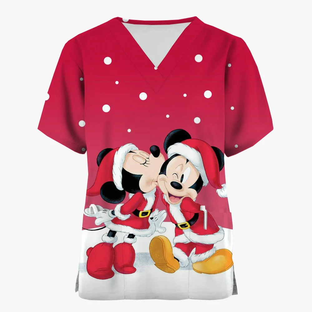 Women Care Nurse Uniform T-Shirt Disney Mickey Mouse Minnie print Christmas Printed Short Sleeve Holiday Pattern Workwear Blous
