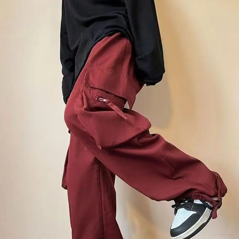 

Polyester Casual Pants Stylish Women's Wide Leg Cargo Pants with Elastic Waist Multi Pockets Solid Color Sports Pants for Active