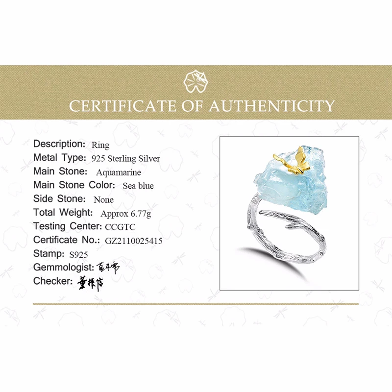 Lotus Fun Adjustable Aquamarine Big Gemstones Butterfly Rings for Women 925 Sterling Silver