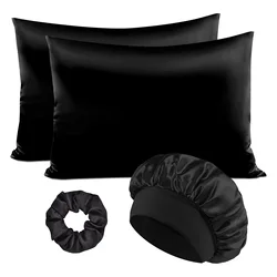 Luxury 4-Piece Satin Sleep Set with Pillowcases and Hair Accessories - As photo (Black set)